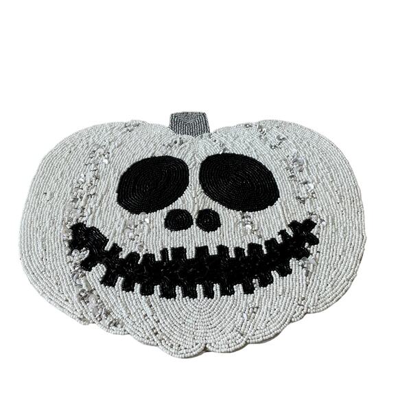 Christian Siriano Halloween Jack O Lantern Beaded Placemat 15" Black White NEW - Picture 7 of 10